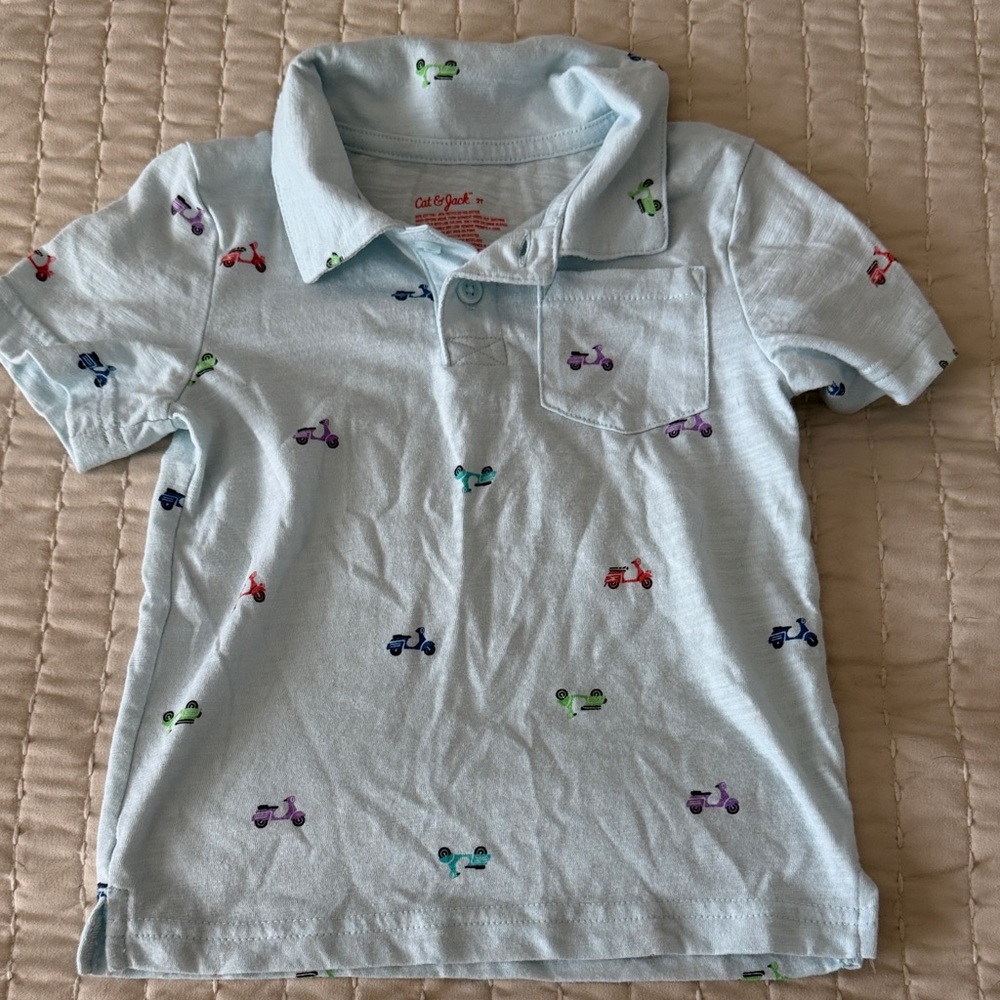 Cat & Jack Sky Blue Polo with Colorful Scooter Design